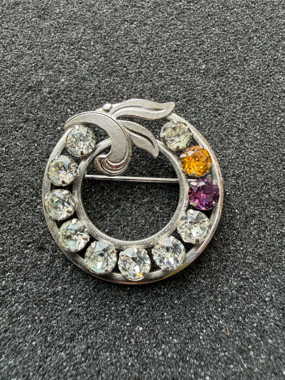 Van Dell 925 Sterling Silver Circle Leaves Multi Color Stones Brooch